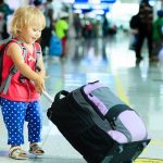 little girl with suitcase travel in the airport